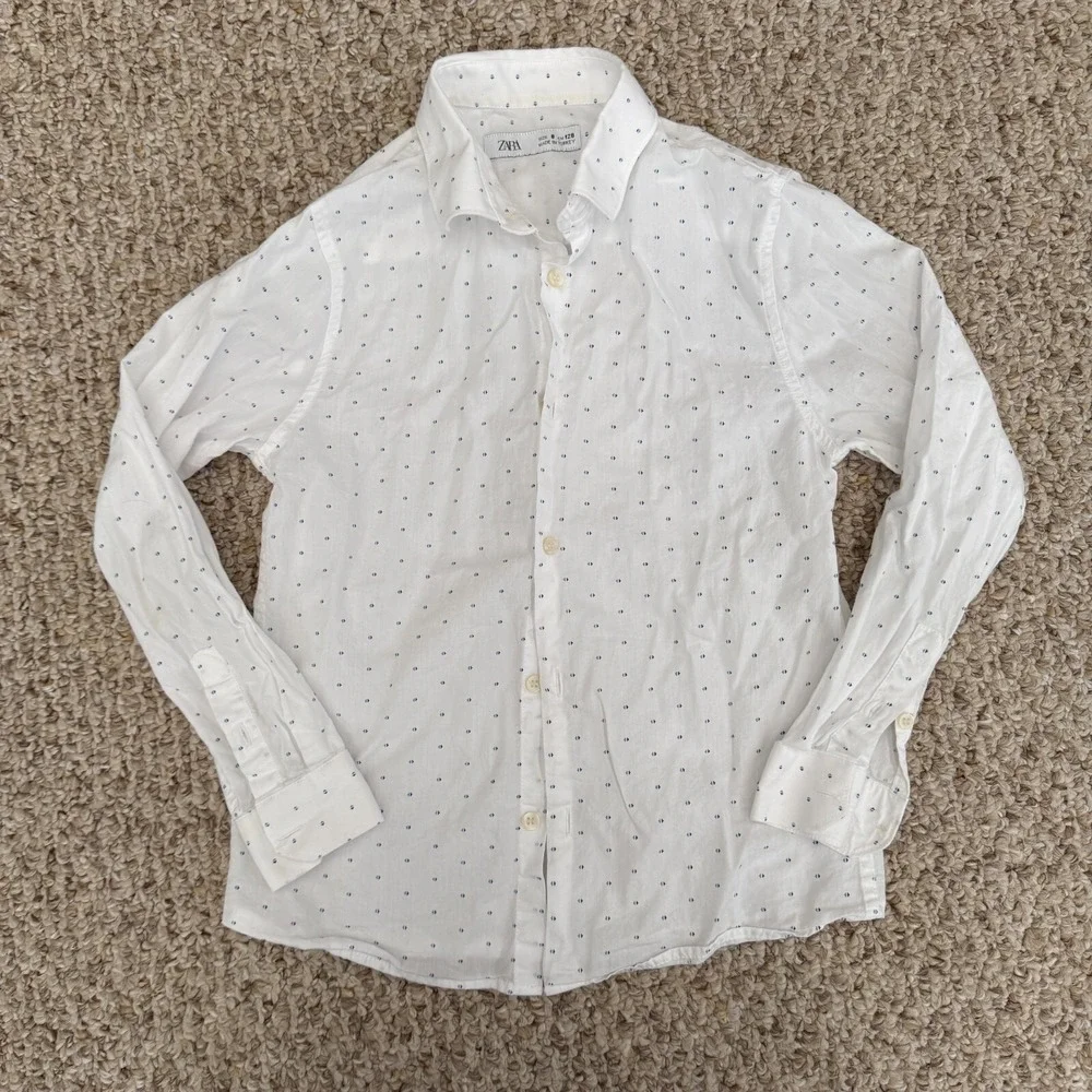 Zara Shirt Boys Sz 8‎ Printed Button Up Shirt White formal